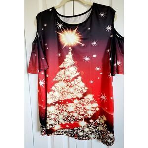 Women's 4X Short Sleeve Red Gold Christmas Tree Cold Shoulder Blouse (Runs SMALL